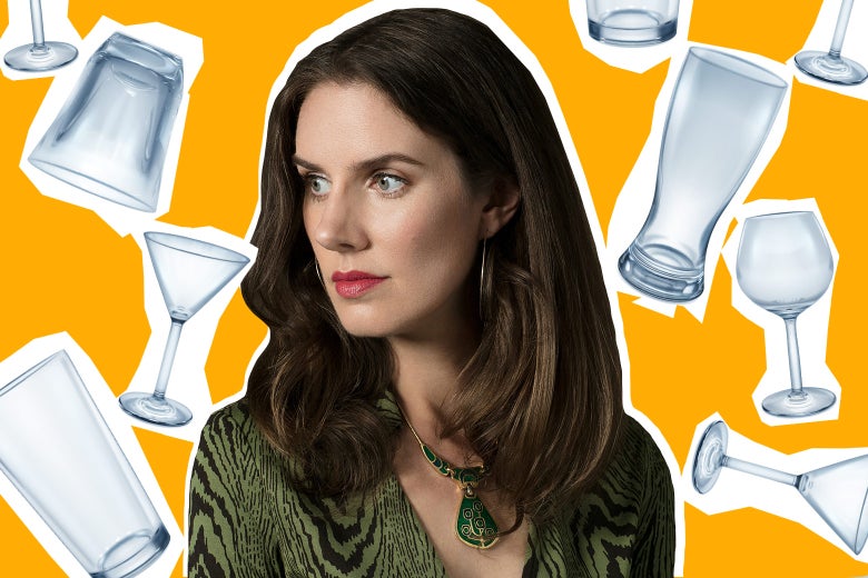 Leslie Jamison surrounded by various glasses—pint glasses, martini glasses, a wine glass, a tumbler.
